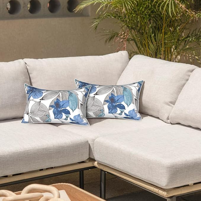 LVTXIII Set of 2 Outdoor Lumbar Pillows for Patio Furniture with White Piping, 12"x20" Fade Resistant Patio Lumbar Pillows with Inserts for Home Coach Sofa Use, Clemens Noir Blue