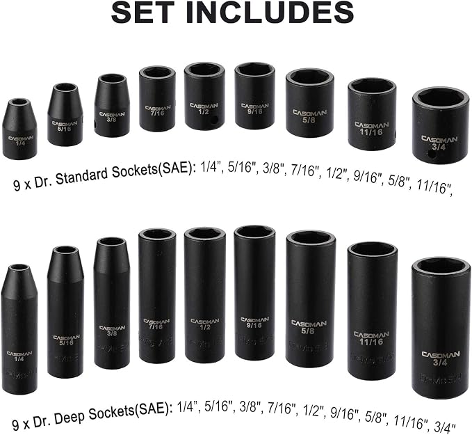 CASOMAN 87PCS 3/8" Drive Master Impact Socket Set, SAE & Metric Standard, Deep, Swivel Sockets,Cr-MO Steel, Includes Star and Inverted Star Socket, Impact Universal Joint, Extension Bars