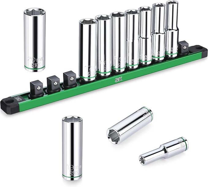SK 1/2" Drive Socket Set, Deep Metric Sockets, 11-Piece 10-20mm | SuperKrome Finish, Premium CR-V Steel, with Aluminum Socket Organizer