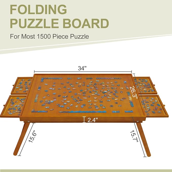 TEAKMAMA 1500Pcs Jigsaw Puzzle Table with 4 Drawers for Adults,Red Brown | Wooden Jigsaw Foldable Puzzle Board with legs,with Protective Cover,Multifunctional Game Table,34W x 26.3D