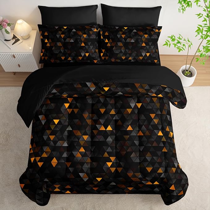 Nttopship Geometric Yellow Black Triangle King Size Comforter Set,Light Honeycomb Bedding Set 7 Piece in A Bag,Bed Sheet Set Geometry Decor,Microfiber Lightweight All Season