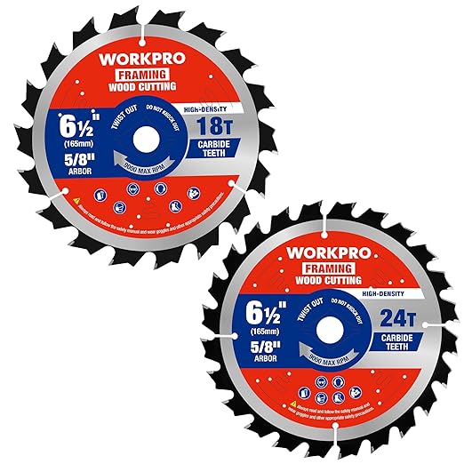 WORKPRO 6-1/2 Inch Woodworking Circular Saw Blades, 18T/24T Framing & Fast Ripping, Thin Kerf, Carbide Tipped, ATB Tooth, 2-Pack