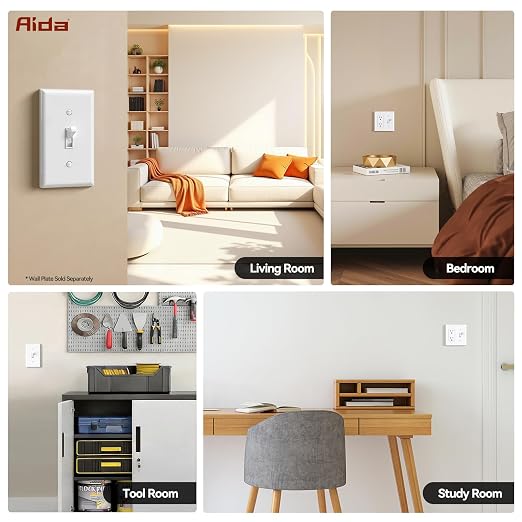 AIDA 1 Pack Single Pole Toggle Light Switch, 15 Amp, 120 Volt, Toggle Framed AC Quiet Switch, in Wall On/Off Switch Replacement, Self-Grounding, Residential and Commercial Grade, UL,Glossy White