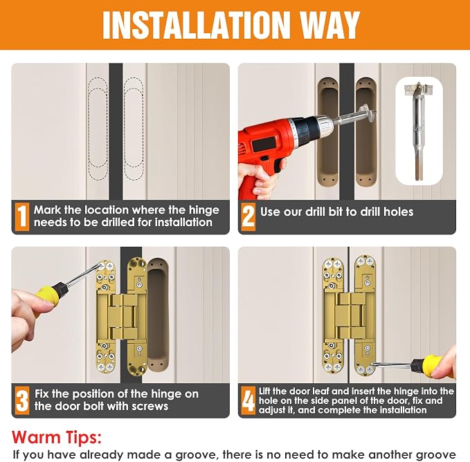7" Hidden Door Hinge/Concealed Hinges,Invisible Hinges,Invisible Door Silent 180 Degree Swing Hinge 3-Way Adjustable Butt 7 x 2.8 x 1 (Golden, 7 inches)