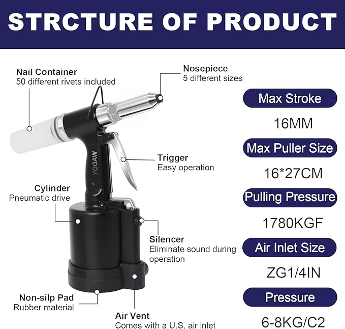 Wadoy Heavy Duty Air Rivet Gun-3924LBF Professional Pneumatic Riveter Kit with 5 Nosepieces (1/4", 3/16", 5/32", 1/8", 3/32") & 50PCS Rivets, 1/4" NPT Industrial Air Rivet Gun for Automotive, Home DIY