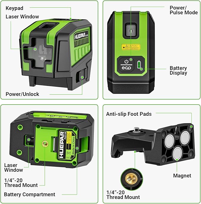 HUEPAR 2 Point and Cross Line Self Leveling Laser Alignment Tool with Plus Mode (98-165Ft), Laser Level & 2 Plumb Dots with 360° Magnetic Base Includes 2 AA Batteries & Hard Carrying Case - PL211G