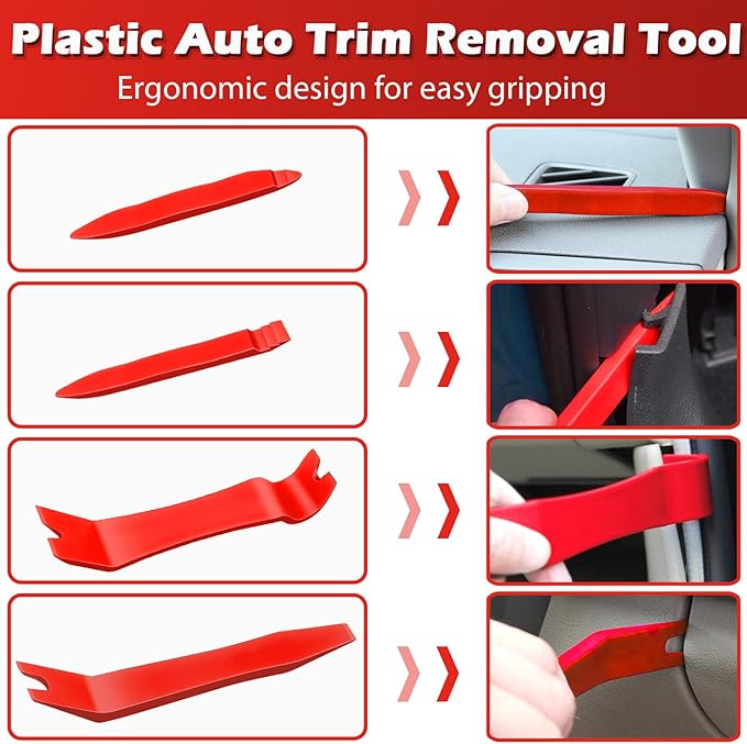 Doaho 7 Pcs Car Trim Removal Tool Kit with Non-Scratch Plastic Pry Tool and Fastener Clip Pliers for auto Safe Interior Car Panel Detachment, Dashboard, Door Clips & Upholstery – Red