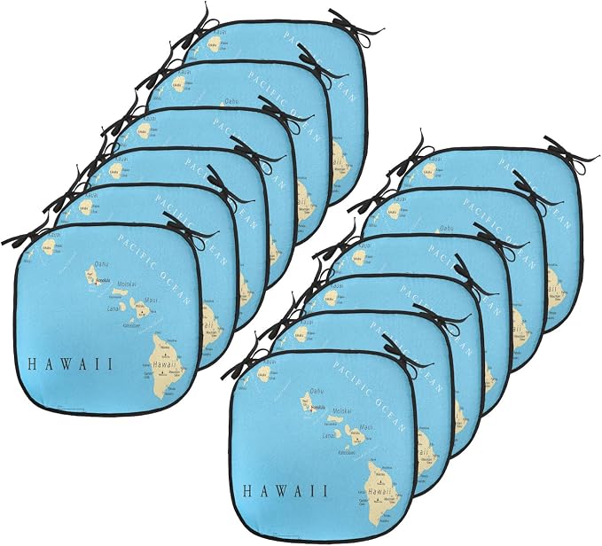 Lunarable Hawaiian Chair Cushion Pads Set 12, Map of Hawaii Islands Capital Honolulu Borders and Important Cities, Anti-Slip Seat Padding for Kitchen & Patio, 16"x16", Blue Ivory Black
