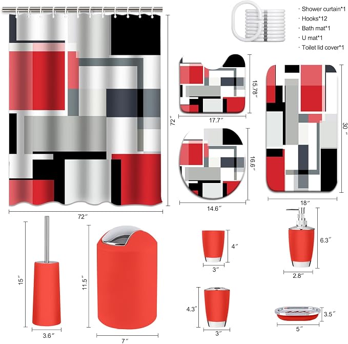 Lnond Red Bathroom Set, 23-Piece Red Black Geometric Bathroom Decor Set with with Shower Curtain and Rugs, Trash Can, Toilet Brush Holder Set & Soap Dispenser