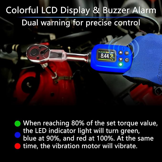 Adjustable Digital Torque Wrench, Hvac Torque Wrench 5-99.6Ft-lbs/6.8-135Nm | With 38 mm Adjustable Jaw, 3/8 Drive Ratchet, ±1% Accuracy, Color TFT Screen, Vibration, Buzzer and LED Indicator