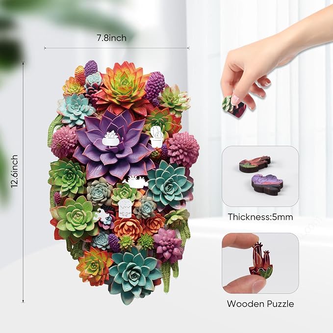 Delobil Puzzles for Adults with Puzzle Saver - Succulent Wooden Puzzle Gifts Unique Adult Jigsaw Puzzles Brain Teaser Family Game 200 Pieces 12.6" X 7.8"