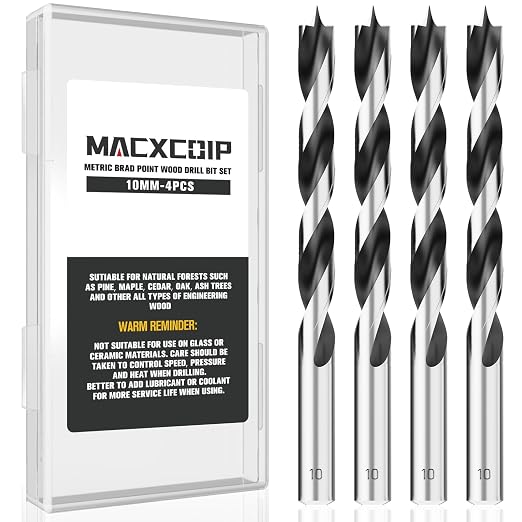 Brad Point Wood Drill Bit Set, 4Pcs 10MM Metric Drill Bit Set with Double Flutes Design for Carpenter Woodworking and All Types of Wood