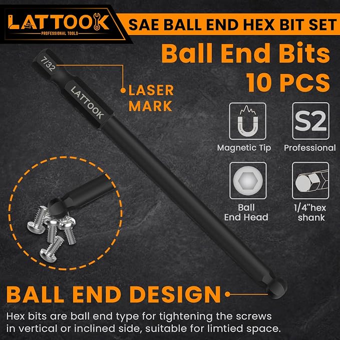 Ball End Hex Bit Set with Quick Release Bit Driver | LATTOOK 10PCS SAE Ball End Hex Head Allen Wrench Drill Bit Set, Allen Key Drill Bit Set, Magnetic S2 Steel, 4'' Long