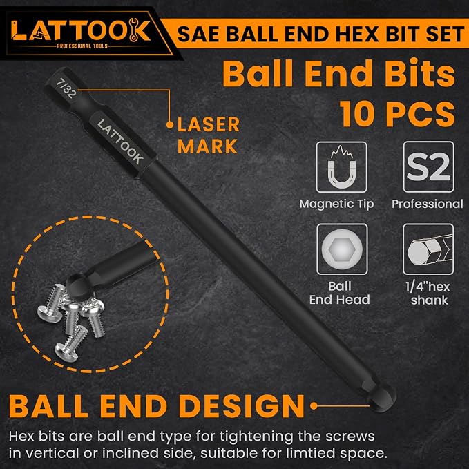 SAE Ball End Hex Head Allen Wrench Drill Bit Set | LATTOOK 10PCS Ball End Hex Bit Set Allen Hex Key, 4'' Long, Magnetic S2 Steel