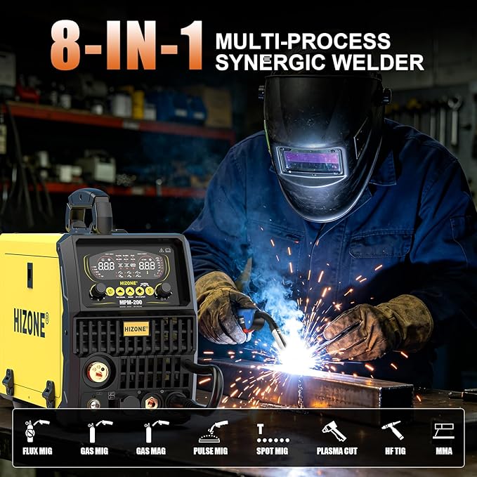 HIZONE Multifunctional Welders Plasma Cutter Combo 200A，8 in 1 Multiprocess Welder Gas MIG/PULSE MIG/MAG/Flux Gasless MIG/HF TIG/Stick/CUT/SPOT MIG 110/220V Dual Voltage Aluminum Welding Machine