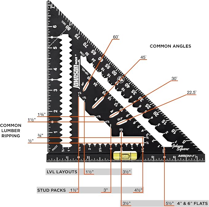 Johnson Level & Tool 1904-0700V 7-1/4" Johnny Square® MACH-1™ Smart Mark™ Rafter Square with Level Vial, Black