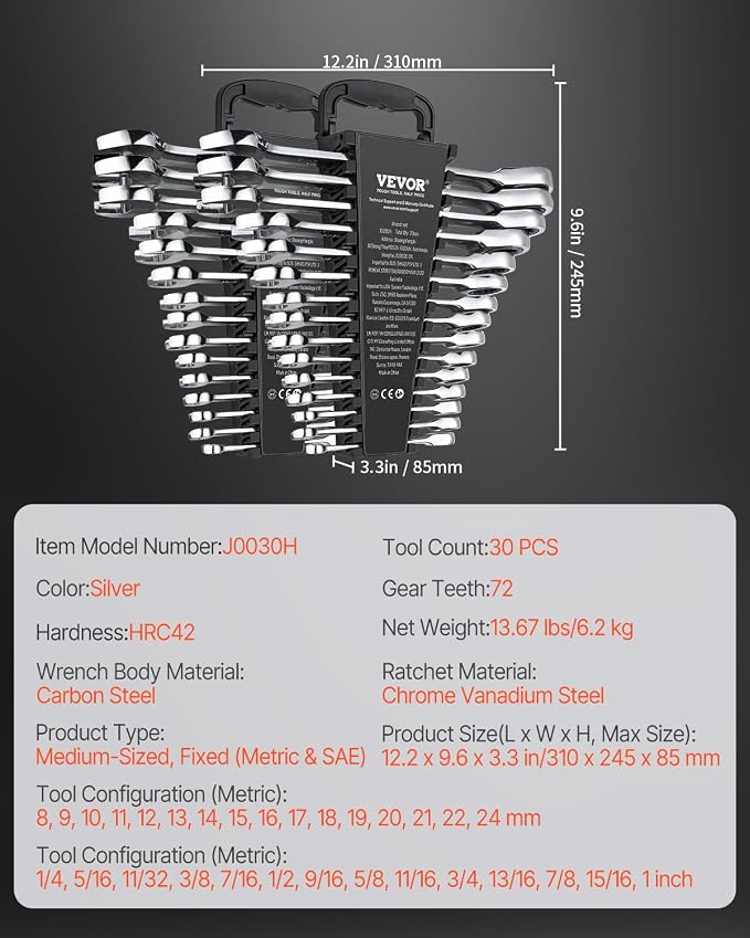VEVOR Ratcheting Wrench Set, 30-Piece Combination Wrench Set, 72 Teeth | SAE 1/4" to 1", Metric 8 mm to 24 mm, Cr-V Steel, with Organizer Rack, for General Household, Garage, Workshop, Emergency