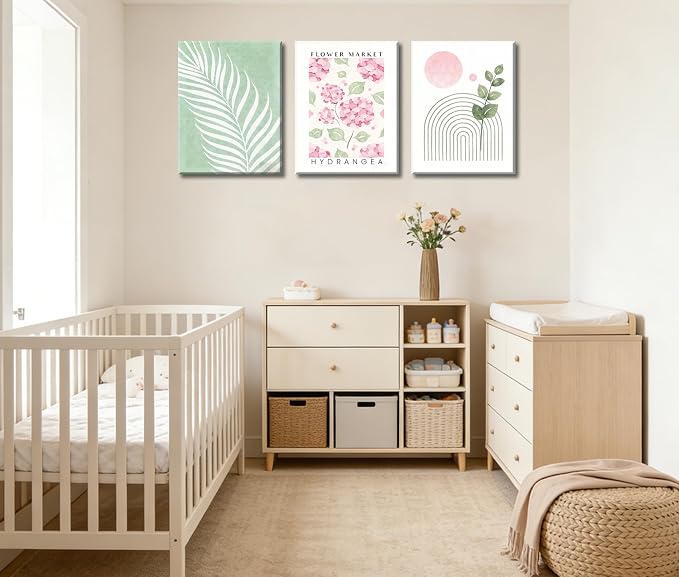 Framed Pink And Green Abstract Leaves Wall Art,Boho Botanical Canvas Wall Art Set of 3, Pink Hydrangea & Sage Palm Prints, Wall Decor for Girls Room Bedroom Living Room Bathroom, 12x16 Inch
