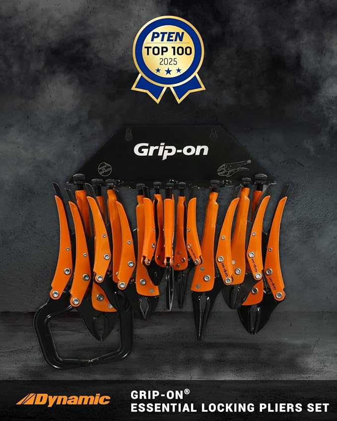 Grip-On 10 Piece Essential Locking Pliers and Clamp Set | Straight & Curved Jaws, Long Nose, Wire Cutter & C-Clamps | Premium Welding Pliers & Sheet Metal Tools with Storage Rack