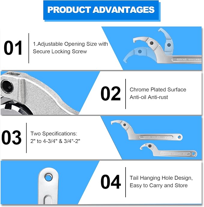 Adjustable C Spanner Hook Wrench Tool Set 3/4-2"(19-51mm)2-4 3/4"(51-121mm) | Chrome Vanadium Hook Wrenches for Tightening and Loosening Side-Slot Collars, Lock Nuts, Bearings and Collets on Machinery