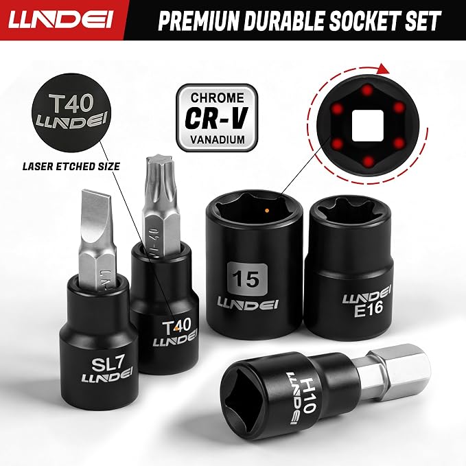 LLNDEI 3/8" Cordless Electric Ratchet Wrench Set 52Pcs | 40FT-LBS Torque, Variable Speed, LED Light, Includes Sockets & Adapters, Ideal for Automotive Repair, DIY Garage