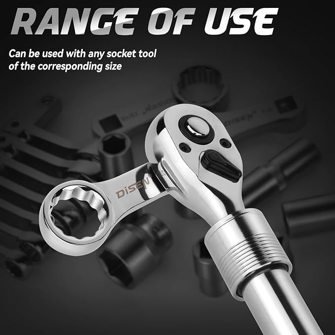 DISEN 3PCS Extendable Ratchet Wrench Set,1/4" 3/8" 1/2" Drive 72-Tooth, Quick-Release, Reversible Drive Socket Wrenches,Soft Grip Handle with Storage Tray