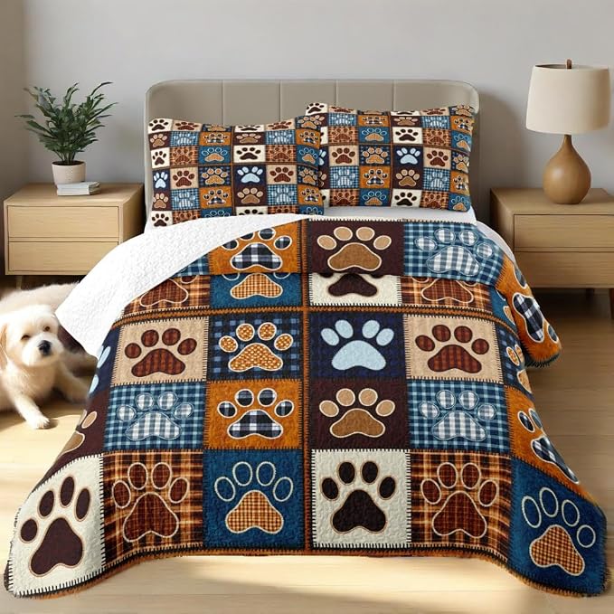 Patchwork Quilt Set Queen Size, Blue Brown Dog Paw Bedspread, Soft Lightweight Microfiber Bedding Set, Farmhouse Rustic Coverlet, All Season 3 Piece (Dog Paw, Queen)
