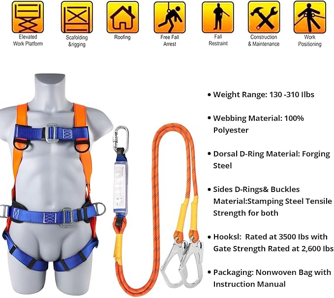 TT TRSMIMA Safety Harness Fall Protection Kit: Full Body Roofing harnesses with Shock Absorbing Lanyard - Updated Comfortable Waist Pad