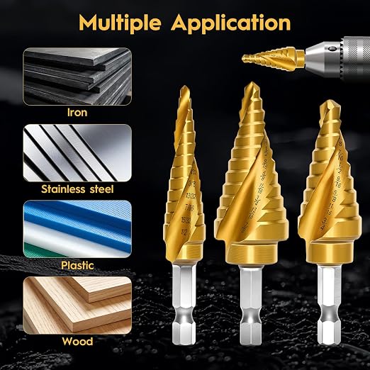 3PCS Titanium Step Drill Bit - 4241 HSS Step Bit with Two Spiral Grooved, 31 Sizes for Metal, Aluminum, Wood & Plastic, for Electricians & DIY with Portable Bag