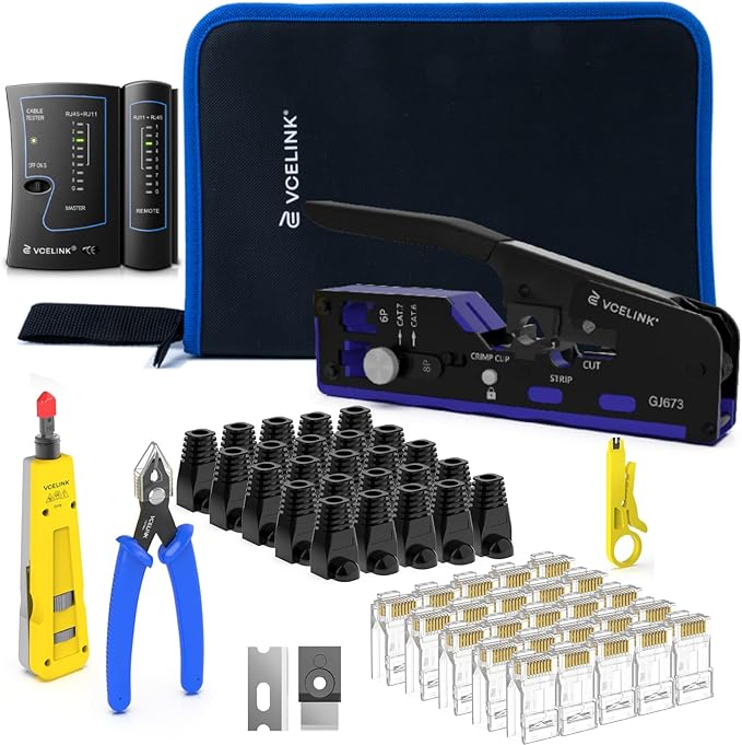 VCELINK RJ45 Crimp Tool Kit for CAT7, Upgraded Network Tool Set with Ethernet Crimper, Cable Tester, 25 RJ45 End & Boots, Cable Tester, Cutter, Stripper and Keystone Puncher in a Cloth Bag, Blue