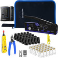 VCELINK RJ45 Crimp Tool Kit for CAT7, Upgraded Network Tool Set with Ethernet Crimper, Cable Tester, 25 RJ45 End & Boots, Cable Tester, Cutter, Stripper and Keystone Puncher in a Cloth Bag, Blue
