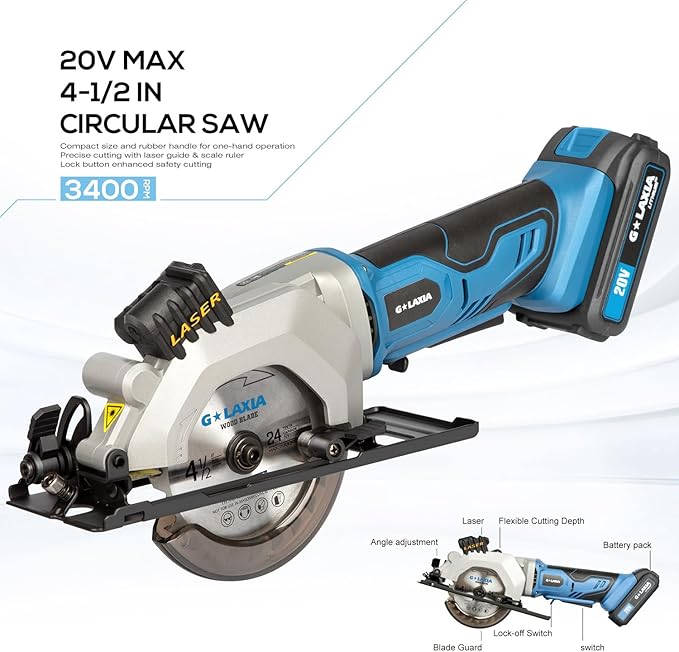 Mini Circular Saw, 4-1/2"" 3400RPM Cordless Circular Saw with Laser Guide, Rip Guide, Compact Hand Saw with 2Pcs blades（24T+60T), Max Cutting Depth 1-11/16""(90°), 1-1/8""(45°), Blue