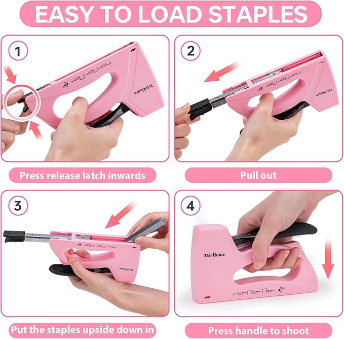 Pink Staple Gun for Crafting Projects, Light Duty Staple Gun for Wood with 1600pcs JT21 Staples 1/4, 5/16, 3/8 inch, Fabric Stapler Gun for Crafts, Bulletin Board Stapler for Teachers