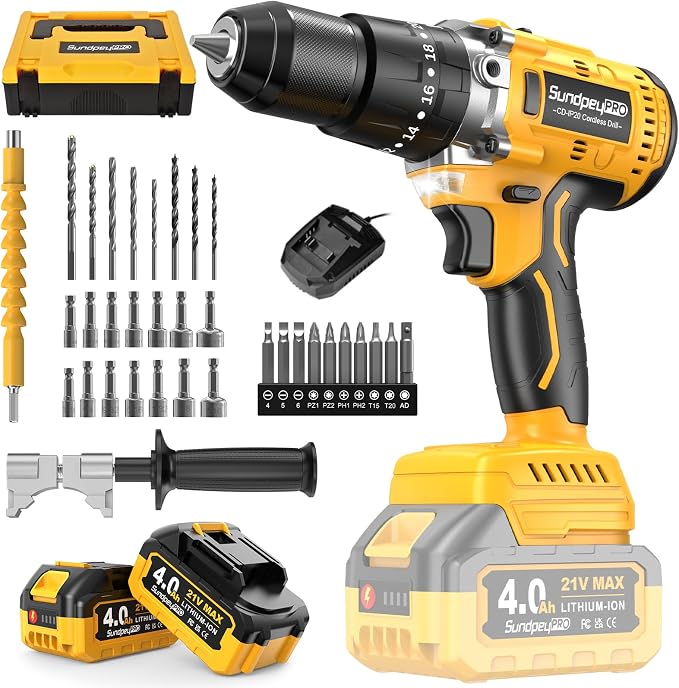 1060In·lbs Cordless Power Drill - 21V Brushless Hammer Drill Set w/ 2×4.0Ah Battery, 20+3 Torque, 2 Speed, 1/2" Metal Chuck for Home DIY Woodworking Thin-Metal Brick Light-Concrete Drilling