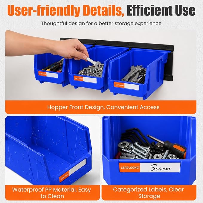 14pc Wall-Mounted Storage Organizer Mixed V1 V2 Combo Blue | Heavy duty metal rails multi-size bins combo pack for garage tools, screws, hardware & batteries.