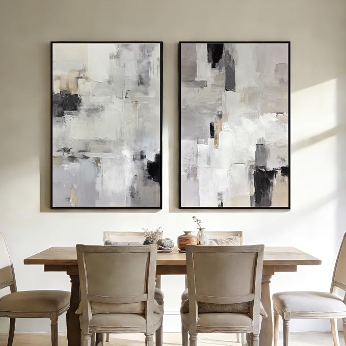Zessonic Neutral Abstract Wall Art, Large Modern Textured Framed Canvas Wall Decor, Minimalist Prints Paintings, Black White Grey Artwork Pictures for Home, Living Room, Office, 24"x36"x2