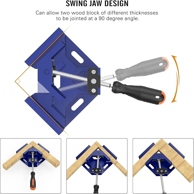 Right Angle Clamp, Housolution [4 PACK] Single Handle 90° Aluminum Alloy Corner Clamp, Right Angle Clip Clamp Tool Woodworking Photo Frame Vise Holder with Adjustable Swing Jaw - Blue