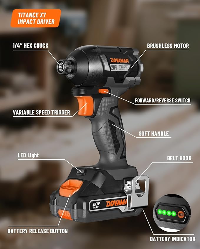 20V Brushless Impact Driver, 1/4'' Hex Compact Cordless Driver Kit with 1,770 In-lbs Torque, Battery & Charger Included – Lightweight Electric Screwdriver for Wood, Metal & Auto Repair-TITANCE X7