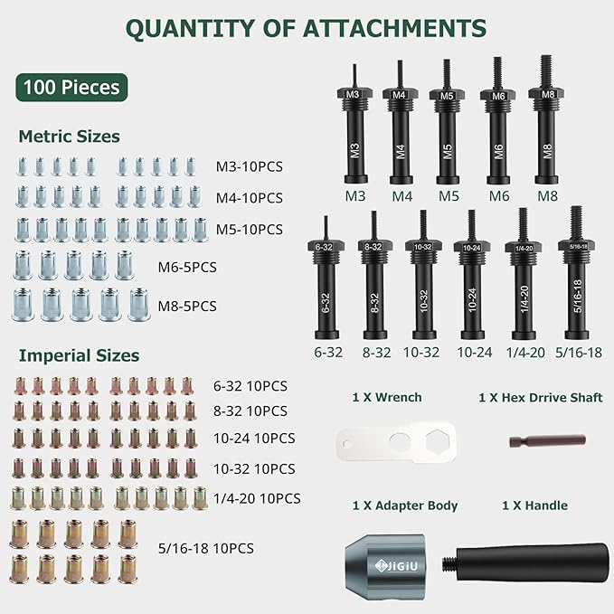 JiGiU Cordless Rivet Nut Drill Adapter Kit Electric Rivet Gun Adapter with 11 Mandrels & 100PCS Nuts Easy to Install Electric Nut Gun Adapter for Mechanical Automobile Maintenance with Carrying Case