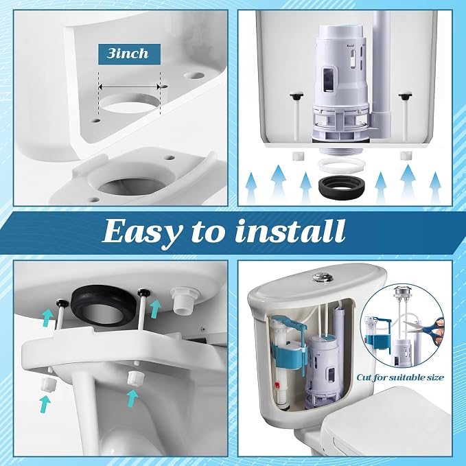 Ganeen 3 Inch Dual Flush Valve Replacement Universal Toilet Tank Replacement Kit with Top Push Button Toilet Fill Valve Bowl Gasket Plastic Bolts Inside Tank Parts Flusher Repair for Easy to Install