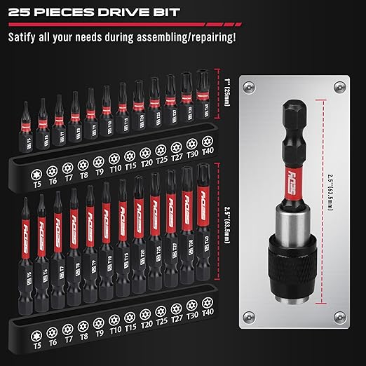 25-Piece Torx Bit Set, 1''&2.5'' Security Tamper Proof Torx Impact Screwdriver Bits, T5-T40 CNC Machined Magnetic Tips, S2 Steel Star Bit, High Torque Strength Precision Tools with Storage Box