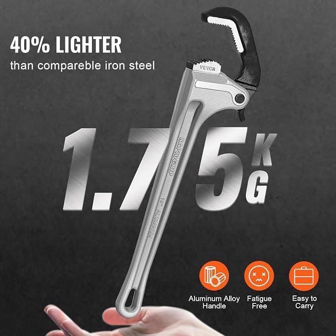 VEVOR Pipe Wrench, 18" Aluminum Straight Pipe Wrench, Automatic Jaw Adjustment, Adjustable Plumbing Wrench, Easy to Carry, Ergonomic Handle, Hangable Design, for Water Pipes, Automotive Repairs
