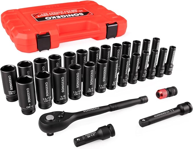 30-Piece 1/2" Drive Deep Impact Socket Set | SAE(3/8"–1")& Metric (10mm–24mm), Includes 3", 5" Extension Bars, Ratchet Wrench & Bit Adapter