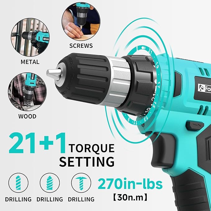 FADAKWALT Cordless Drill Set, 20V Electric Power Drill With Battery And Charger, 30N Torque, 21+1 Settings, 3/8-Inch Keyless Chuck, Driver Bits Kit, LED Light (Turquoise）