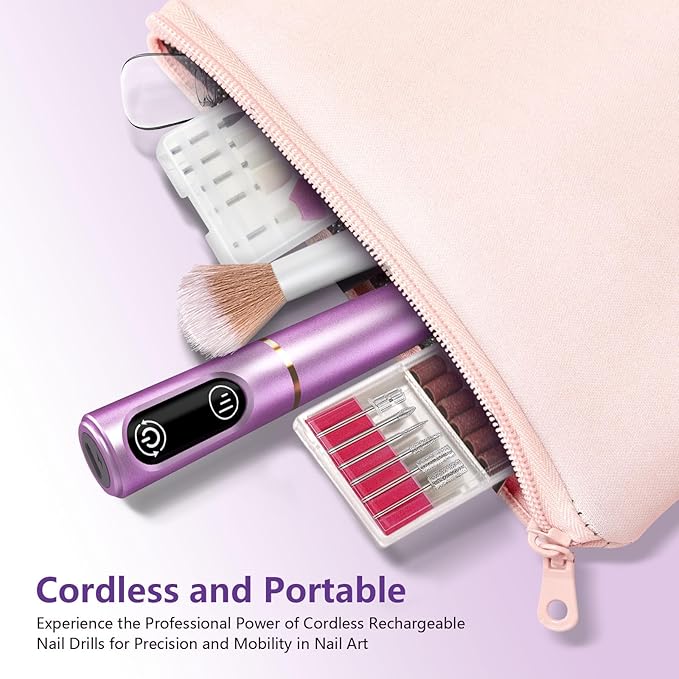TUOBEO Cordless Nail Drill Electric Nail File Kit, Rechargeable Efile Set, Portable Acrylic Gel Nail Polish Remover Machine, Pedicure Manicure Tool, 11 Bits, 56 Sanding Bands, Salon Home, Purple