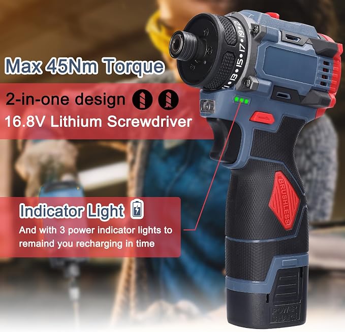 Dioche Electric Screwdriver 16.8V Multi Function Brushless Cordless Impact Screwdriver (2pcs Batteries US Plug)