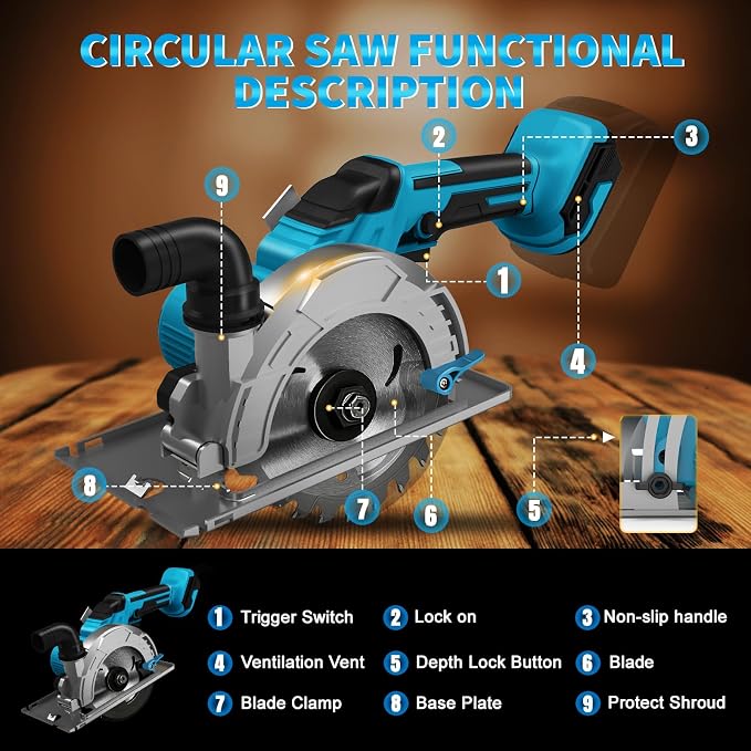 6 Inch Cordless Circular Saw for Makita 18V Battery (No Battery), 6200RPM Brushless Motor, 0-45° Cutting Bevel, 2"(90°) 1.3"(45°) Max Cutting Depth, Power Saw for Wood Plastic PVC