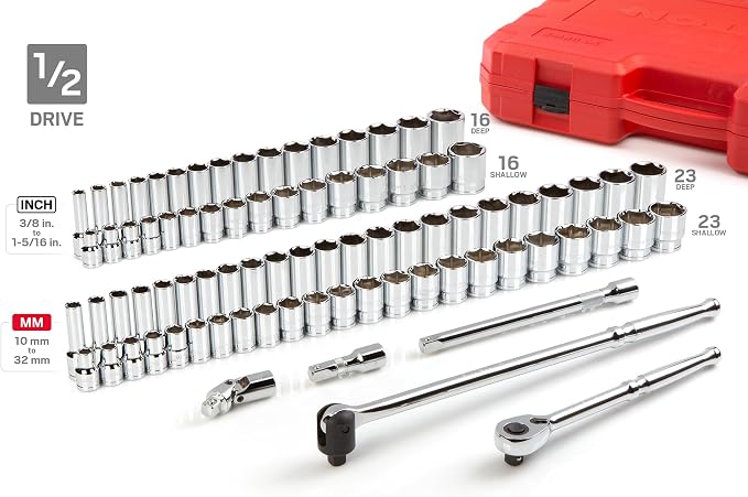 TEKTON 1/4, 3/8, 1/2 Inch Drive 6-Point Socket and Ratchet Set | SKT95304 | 212-Piece, (5/32 - 1-5/16 in., 4 - 32 mm), Shallow and Deep, Case