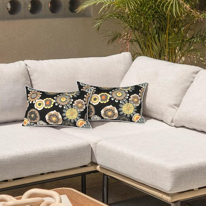 LVTXIII Set of 2 Outdoor Lumbar Pillows for Patio Furniture with White Piping, 12"x20" Fade Resistant Patio Lumbar Pillows with Inserts for Home Coach Sofa Use, Black Yellow Crosby