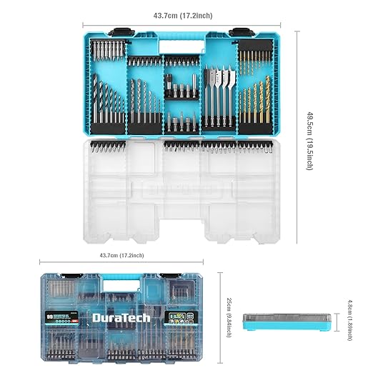 DuraTech 99 PCS Drill Bit Set, High Speed Steel Titanium Drill and Screwdriver Bit Set with Tough Case for Metal, Wood, Plastic, Concrete, Brick, Masonry
